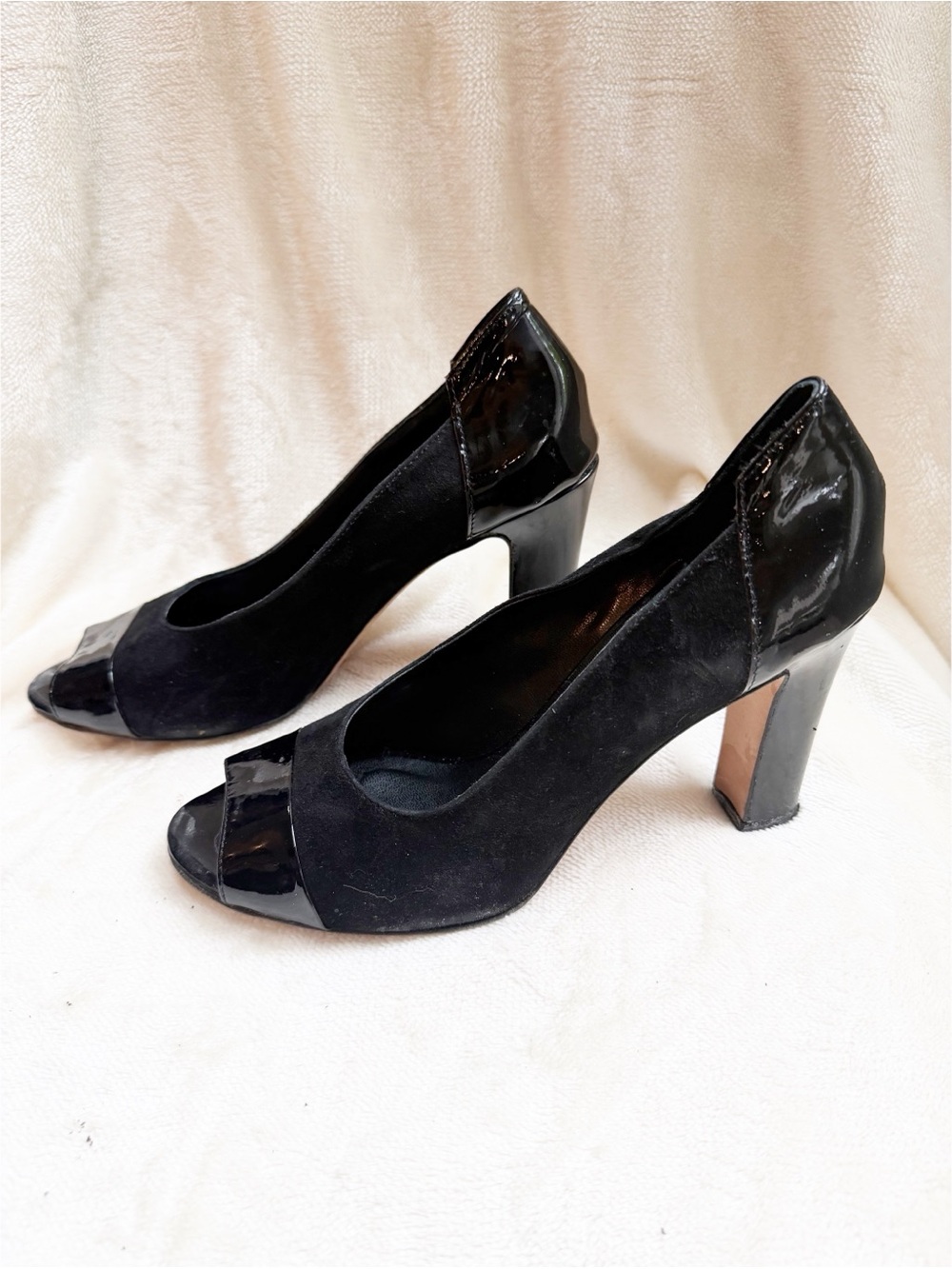 Women's Black Suede & Patent Leather Peep-Toe Block Heels